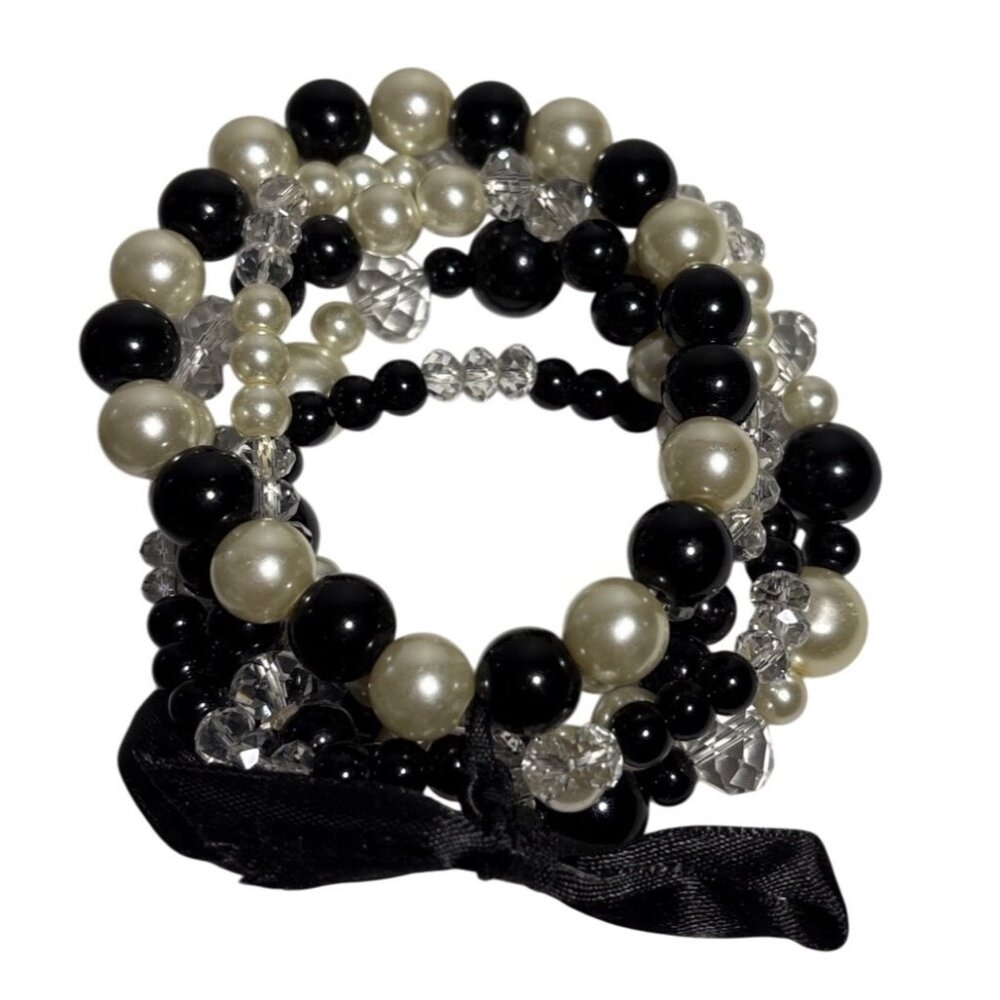 Black & White Faux Pearl Crystal Bead Stretch Bracelet Set W/ Black Bow Elegant